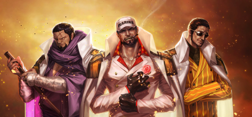 3boys baseball_cap beard black_gloves black_hair blind brown_hair cigar clenched_hand coat coat_on_shoulders crossed_arms english_text epaulettes facial_hair floral_print formal_clothes fujitora_(one_piece) gloves goatee hat highres holding holding_sword holding_weapon japanese_clothes katana kizaru_(one_piece) looking_at_viewer male_focus multiple_boys one_piece open_mouth realistic sakazuki_(one_piece) scar scar_on_face short_hair smile sparky5093 suit sunglasses sword teeth traditional_clothes uniform weapon