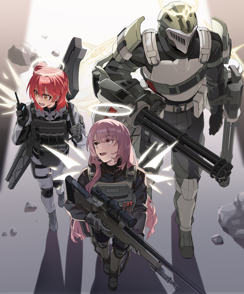 1boy 2girls absurdres arknights armor black_gloves black_jacket black_pants bulletproof_vest detached_wings energy_wings exusiai_(arknights) exusiai_the_new_covenant_(arknights) gatling_gun gloves grey_jacket grey_pants gun halo helmet highres holding holding_weapon jacket lemuen_(arknights) liang_chan_xing_make_tu long_hair looking_to_the_side low_side_ponytail military_combat_uniform military_uniform minigun multiple_girls orange_eyes pants pink_eyes pink_hair railgun red_hair rifle rock sankta_miksaparato_(arknights) short_hair side_ponytail smile sniper_rifle tactical_clothes walkie-talkie walking weapon wings
