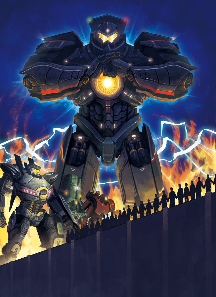 4.211_brass_knuckles assault_mount_3.25_sting-blades brass_knuckles cannon cherno_alpha chest_cannon crimson_typhoon electricity energy_cannon fire giant_robot gipsy_danger glowing highres hiko_roki holding_hands jaeger_(pacific_rim) kaiju_wall legendary_pictures lightning mecha multiple_boys multiple_girls one-eyed pacific_rim pan_pacific_defense_corps robot roll_of_nickels_(pacific_rim) striker_eureka weapon wrist_blades