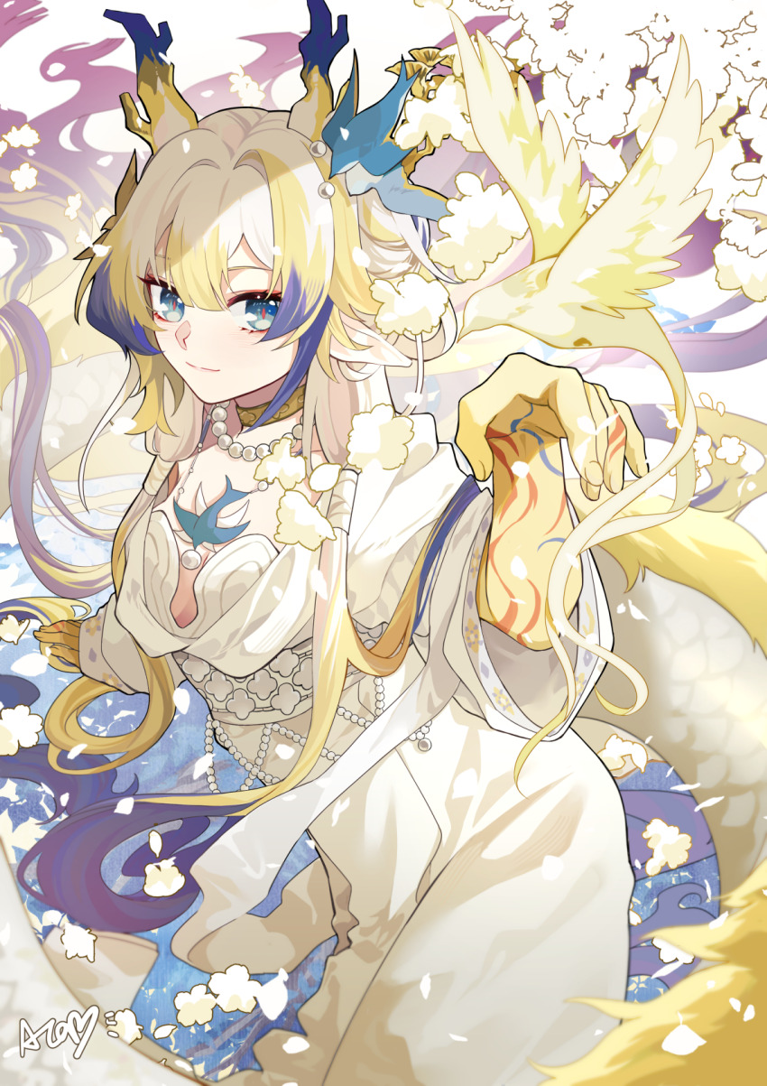 1girl ambience_synesthesia animal aqua_eyes arknights arm_up bird blonde_hair breasts chinese_commentary choker closed_mouth colored_extremities commentary_request dragon_girl dragon_horns dragon_tail dress fingernails flower gem hair_between_eyes hair_intakes highres horns jewelry light_smile long_hair looking_at_viewer medium_breasts multicolored_hair necklace official_alternate_costume orange_pupils pearl_(gemstone) pearl_necklace pointy_ears purple_hair puyue revision shu_(arknights) shu_(bingwenyuyou)_(arknights) solo standing tail white_dress white_flower white_hair yellow_bird yellow_choker