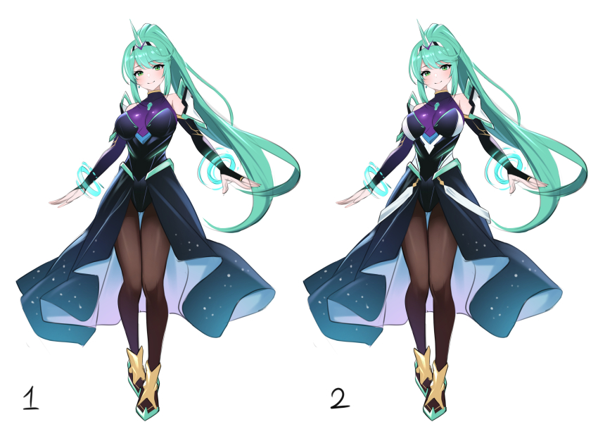 1girl alternate_costume aqua_hair arm_halo breasts dress full_body green_eyes green_hair highres large_breasts long_hair multiple_views namu_(112namu) numbered pantyhose pneuma_(xenoblade) ponytail shoes smile very_long_hair white_background xenoblade_chronicles_(series) xenoblade_chronicles_2