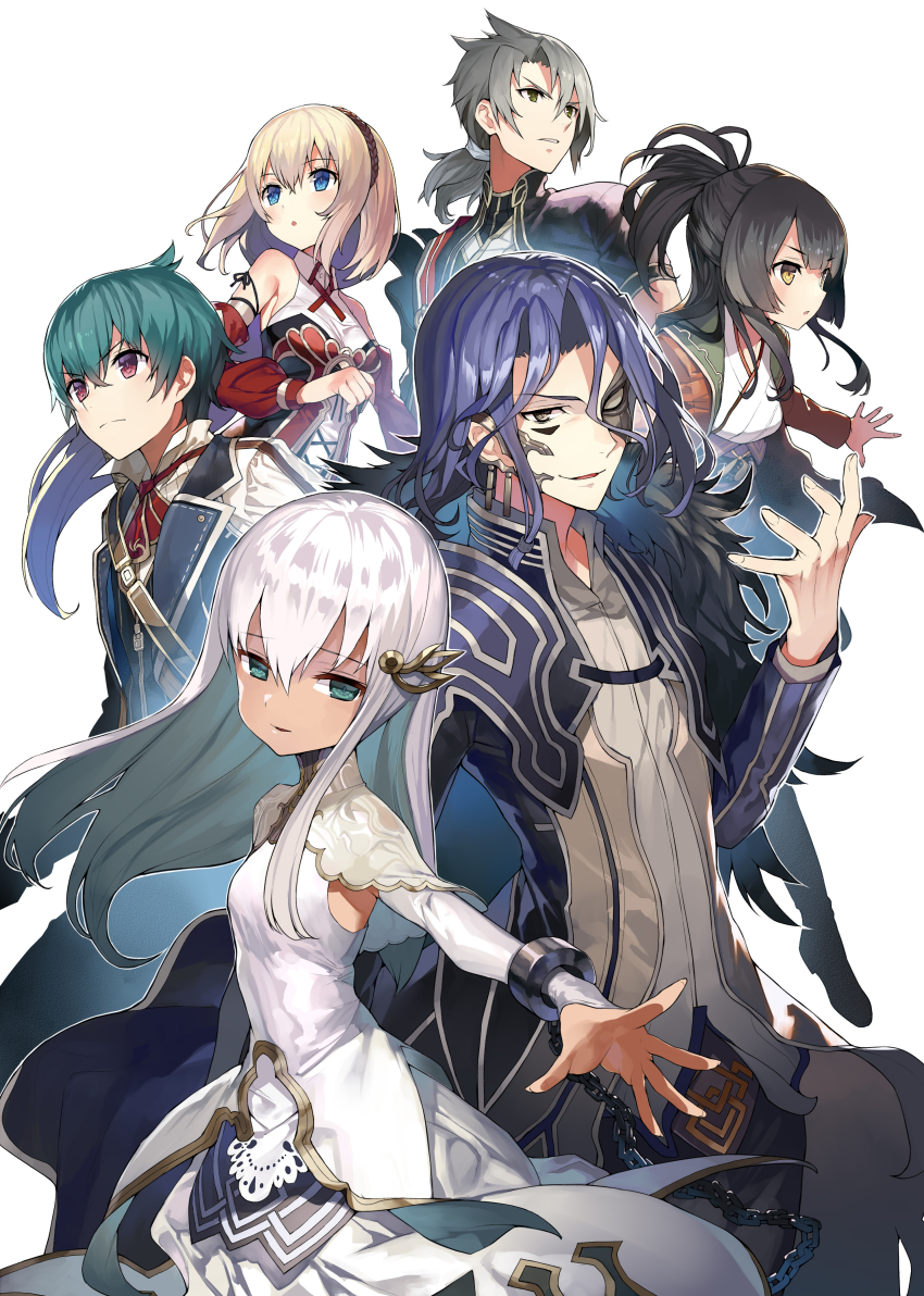 3boys 3girls absurdres aqua_hair black_hair blonde_hair blue_eyes blue_hair breasts chain curly_(grimms_notes) detached_sleeves empty_eyes ex_(grimms_notes) fur_trim gaou_(umaiyo_puyoman) green_eyes grey_hair grimms_notes highres loki_(grimms_notes) long_hair mask_over_one_eye multiple_boys multiple_girls novel_illustration official_art open_mouth ponytail red_eyes reina_(grimms_notes) shane_(grimms_notes) short_hair simple_background smile tao_(grimms_notes) white_background white_hair yellow_eyes