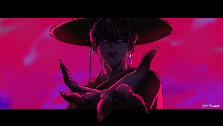 1boy black_hanbok cosplay demon_boy earrings fingernails gat_(hat) gatkkeun glowing glowing_eyes hanbok hat highres jewelry jinu_(kpop_demon_hunters) jinu_(kpop_demon_hunters)_(cosplay) korean_clothes korean_traditional_hat kpop_demon_hunters long_sleeves look-alike looking_at_viewer male_focus marius_von_hagen_(tears_of_themis) purple_background purple_eyes purple_hair sharp_fingernails short_hair solo tears_of_themis upper_body yoshiiraav