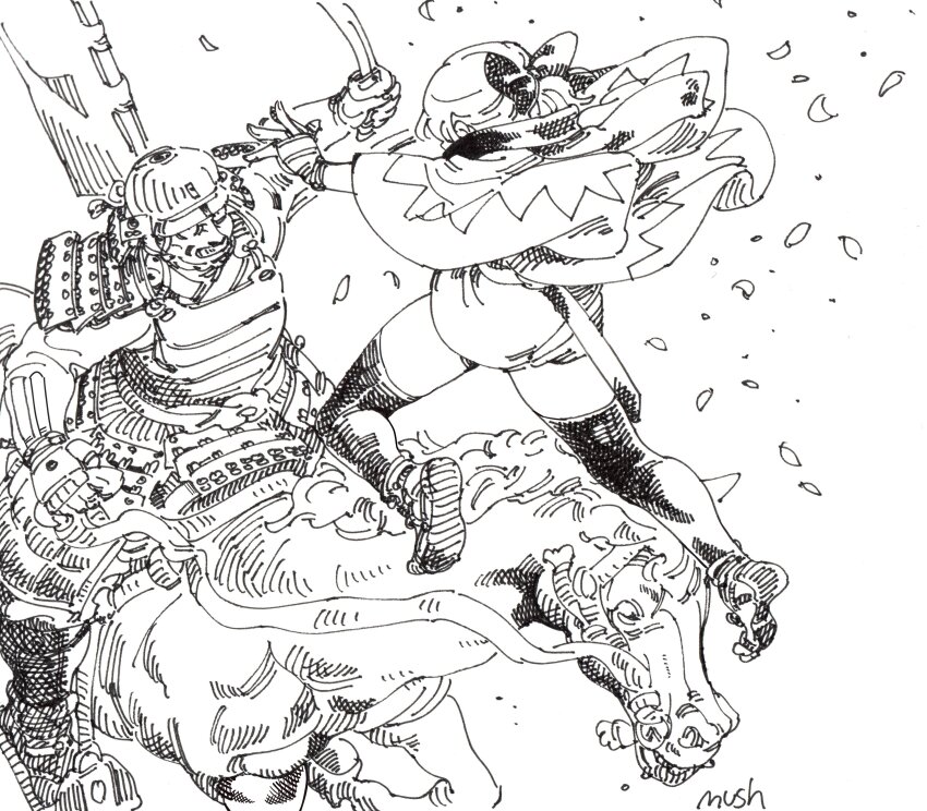 1boy 1girl absurdres armor artist_name attack banner battle bow constricted_pupils crosshatching dou facing_another falling_petals fate/grand_order fate_(series) fingerless_gloves from_above from_behind gloves greyscale grimace hair_bow haori hatching_(texture) helmet highres holding holding_sword holding_weapon horse horseback_riding japanese_armor japanese_clothes jumping kabuto_(helmet) katana kimono kote kusazuri long_sleeves looking_at_another midair monochrome mushroom_(osh320) noble_phantasm_(fate) nobori okita_souji_(fate) okita_souji_(koha-ace) petals ponytail riding samurai scarf shinsengumi short_kimono short_ponytail shoulder_armor sode sword thighhighs waraji weapon