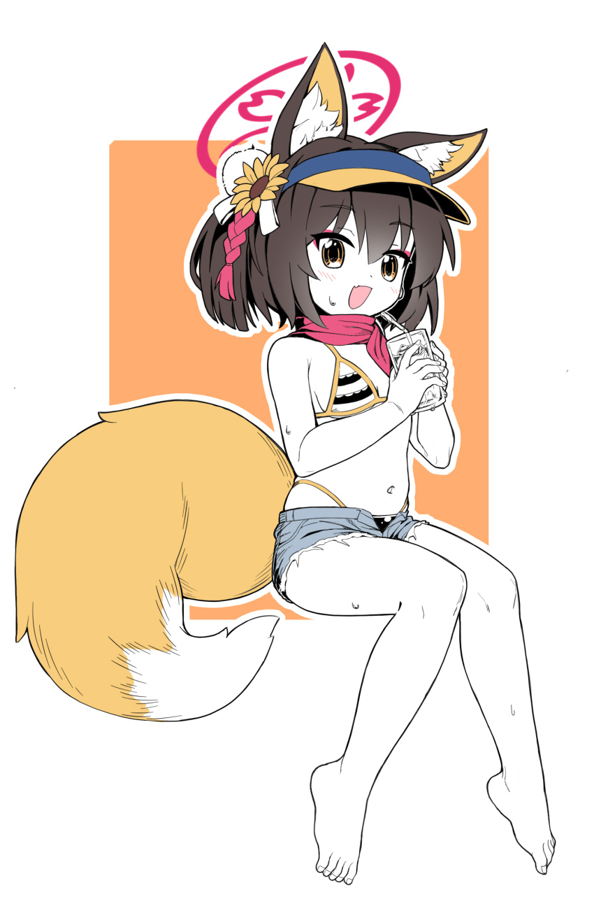 1girl :d animal_ear_fluff animal_ears bare_legs bare_shoulders barefoot bikini blue_archive blush breasts brown_hair commentary cup drinking_straw eyeshadow fang feet fox_ears fox_girl fox_tail full_body glass hair_between_eyes hair_ornament halo hands_up happy highleg highleg_bikini highres holding holding_cup invisible_chair izuna_(blue_archive) izuna_(swimsuit)_(blue_archive) knees_together_feet_apart looking_ahead makeup medium_hair navel needle_(574187457) official_alternate_costume one_side_up open_mouth orange_background outline pink_eyeshadow pink_halo pink_scarf pom_pom_(clothes) pom_pom_hair_ornament scarf simple_background sitting skin_fang small_breasts smile solo striped_bikini striped_clothes sweat swimsuit tail thighs toenails toes two-tone_background visor_cap white_background white_outline yellow_eyes