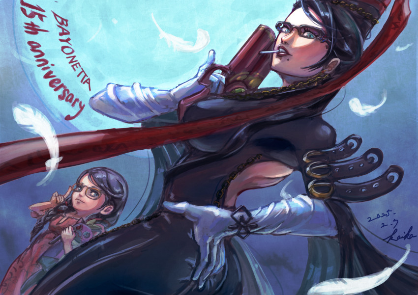 2025 2girls absurdres anniversary back_cutout bayonetta bayonetta_(series) beehive_hairdo cereza character_name child clothing_cutout commentary falling_feathers feathers glasses gloves gun highres holding holding_gun holding_weapon kaiko_pekoe mole mole_under_mouth multiple_girls weapon witch