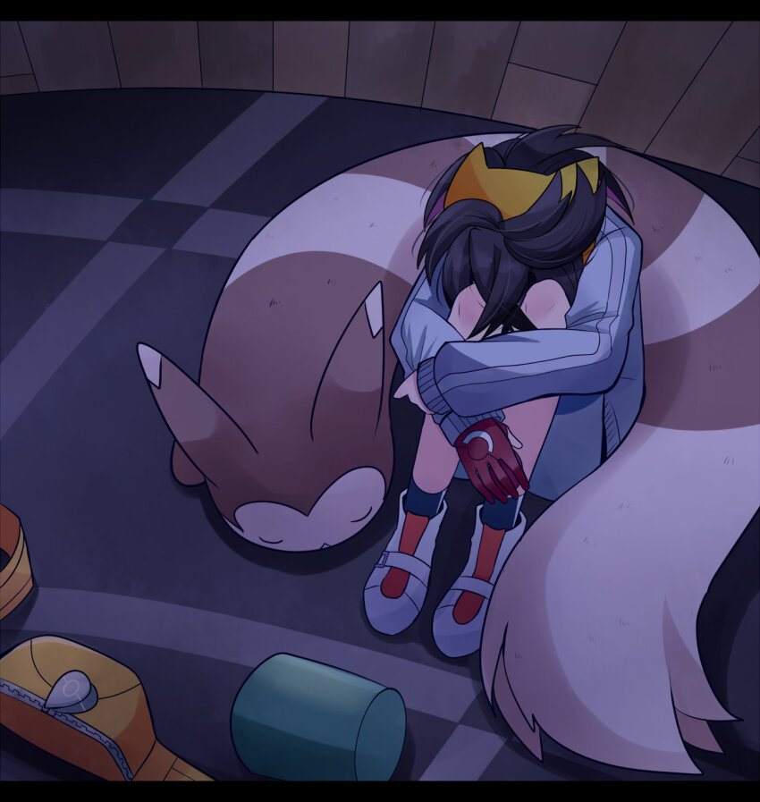 1boy bag black_hair blue_socks closed_eyes closed_mouth commentary_request furret gen_2_pokemon gloves hairband highres holding holding_poke_ball hugging_own_legs jacket kieran_(pokemon) letterboxed long_sleeves male_focus motiumai nintendo on_floor poke_ball pokemon pokemon_(creature) pokemon_sv purple_hair shoes shorts single_glove sitting socks unworn_bag white_footwear yellow_hairband
