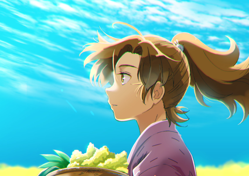 1boy basket blue_sky brown_eyes brown_hair chigayasan chromatic_aberration cloud commentary_request from_side holding holding_basket long_hair male_focus outdoors ponytail rakudai_ninja_rantarou sideways_mouth sky solo upper_body zenpouji_isaku