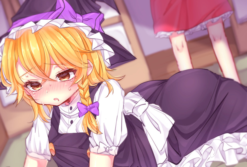 1boy 1girl black_hat black_skirt black_vest blonde_hair blurry blurry_background blush bow braid buttons commentary_request cookie_(touhou) cowboy_shot crossdressing crossed_bangs frilled_hat frilled_skirt frills genderswap genderswap_(ftm) hair_between_eyes hair_bow hakurei_reimu hat kirisame_marisa long_hair male_focus negebo nose_blush on_floor open_mouth red_skirt rei_(cookie) sananana_(cookie) shirt shouji side_braid single_braid skirt skirt_set sliding_doors solo_focus textless_version touhou translation_request trap vest white_shirt witch_hat yellow_eyes