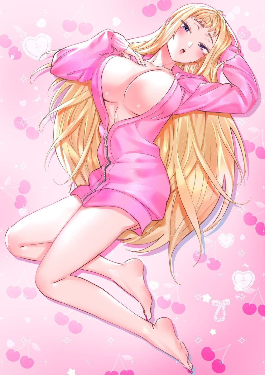 1girl :o blonde_hair breasts breasts_day commentary_request dosanko_gal_wa_namaramenkoi fingernails full_body fuyuki_minami good_breasts_day hand_on_own_chest hand_on_own_head heart heart_background highres ikada_kai jacket large_breasts long_fingernails long_hair looking_at_viewer lying naked_jacket official_art on_back open_mouth partially_unzipped pink_background pink_jacket purple_eyes raised_eyebrows short_bangs solo