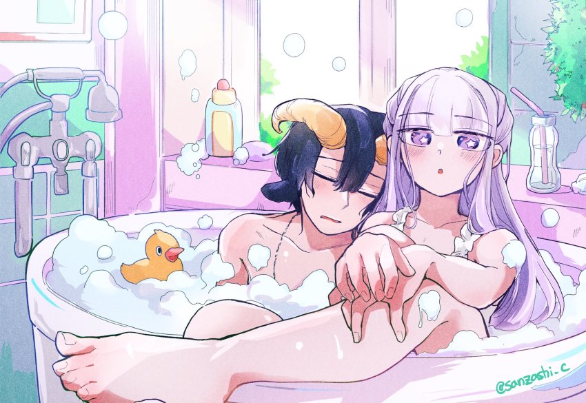 1boy 1girl animal_ears aurora_sya_lis_kaymin bath bathing blue_hair closed_mouth commentary_request demon_cleric feet goat_ears goat_horns highres horns indoors legs long_hair looking_at_viewer maou-jou_de_oyasumi mixed-sex_bathing nude open_mouth pectoral_cleavage pectorals purple_eyes purple_hair rubber_duck shampoo_bottle shared_bathing short_hair sleeping soap soap_bubbles star-shaped_pupils star_(symbol) symbol-shaped_pupils window yostuba0704