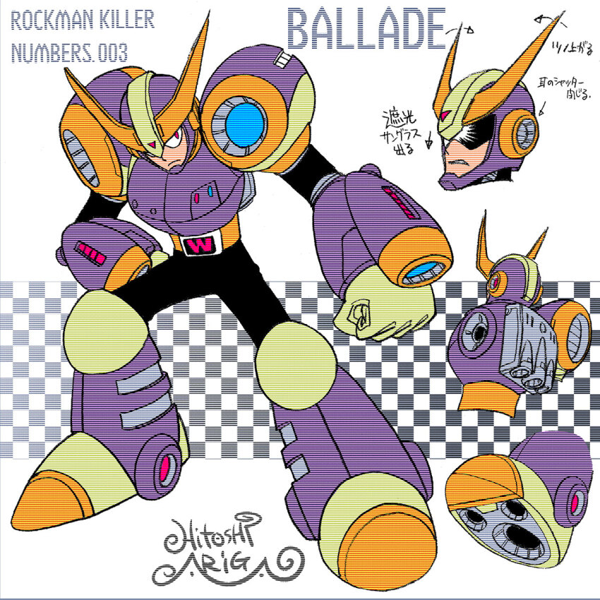 1boy android ariga_hitoshi arm_cannon armor arrow_(symbol) artist_name assault_visor ballade_(mega_man) belt black_background black_bodysuit bodysuit boots brown_gloves character_name reference_sheet checkered_background chest_armor clenched_hand closed_mouth commentary_request concept_art dual_arm_cannons facing_to_the_side from_behind frown full_body gloves gradient_background grey_background hand_on_own_hip helmet highres industrial_pipe joints knee_boots looking_ahead looking_to_the_side male_focus mega_man_(classic) mega_man_(series) mega_man_iv mega_man_megamix mega_man_v multiple_views no_humans portrait purple_armor purple_footwear purple_helmet red_eyes robot robot_ears robot_joints scanlines screw shoe_soles shoulder_armor signature simple_background standing tank_(container) teeth three_quarter_view translation_request turnaround weapon white_background white_gloves yellow_belt