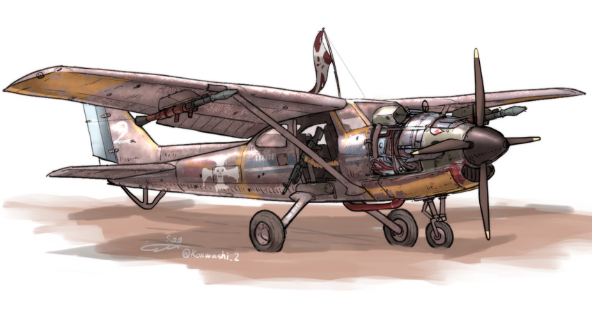 aircraft airplane cessna_172 desert flag gun highres improvised_weapon m60_(machine_gun) machine_gun no_humans original post-apocalypse propeller rocket_launcher rpg rpg-7 rpg_(weapon) rust teisei_misagi weapon