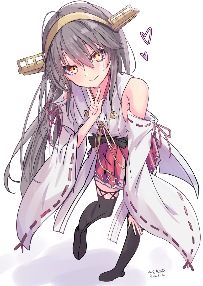1girl absurdres bare_shoulders black_hair blush boots breasts brown_eyes detached_sleeves full_body hair_between_eyes hair_ornament hairband hairclip hakama hakama_short_skirt hakama_skirt haruna_(kancolle) haruna_kai_ni_(kancolle) headgear heart highres hizaka japanese_clothes kantai_collection long_hair looking_at_viewer nontraditional_miko one-hour_drawing_challenge ribbon-trimmed_sleeves ribbon_trim signature skirt smile solo thigh_boots thighhighs twitter_username white_background