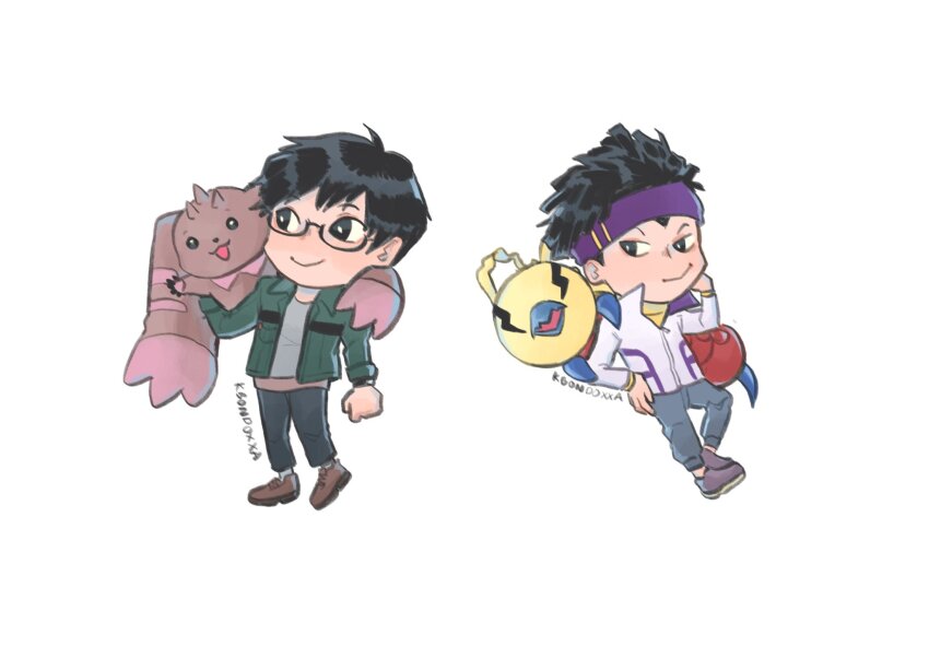 2boys beak digimon glasses happy highres kayama_shuuji kunemon lopmon multiple_boys no_eyes smile tominaga_ryo