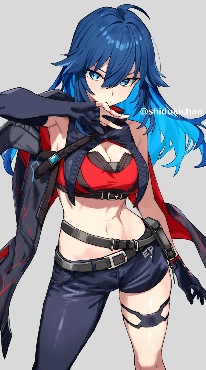 1girl ahoge arm_up armpits asymmetrical_clothes asymmetrical_gloves bandeau belt belt_pouch black_belt black_cloak black_gloves black_pants blue_eyes blue_hair breasts cleavage cloak closed_mouth commentary_request commission crop_top elbow_gloves fingerless_gloves gloves grey_background groin hair_between_eyes hair_flaps highres lawine_(strinova) long_hair looking_at_viewer medium_breasts midriff mismatched_gloves mole mole_under_eye navel pants partial_commentary pouch red_bandeau shigatsu_shizuki sidelocks simple_background single_bare_shoulder single_elbow_glove single_fingerless_glove single_pantsleg skeb_commission skindentation solo standing strinova thigh_strap twitter_username underbust