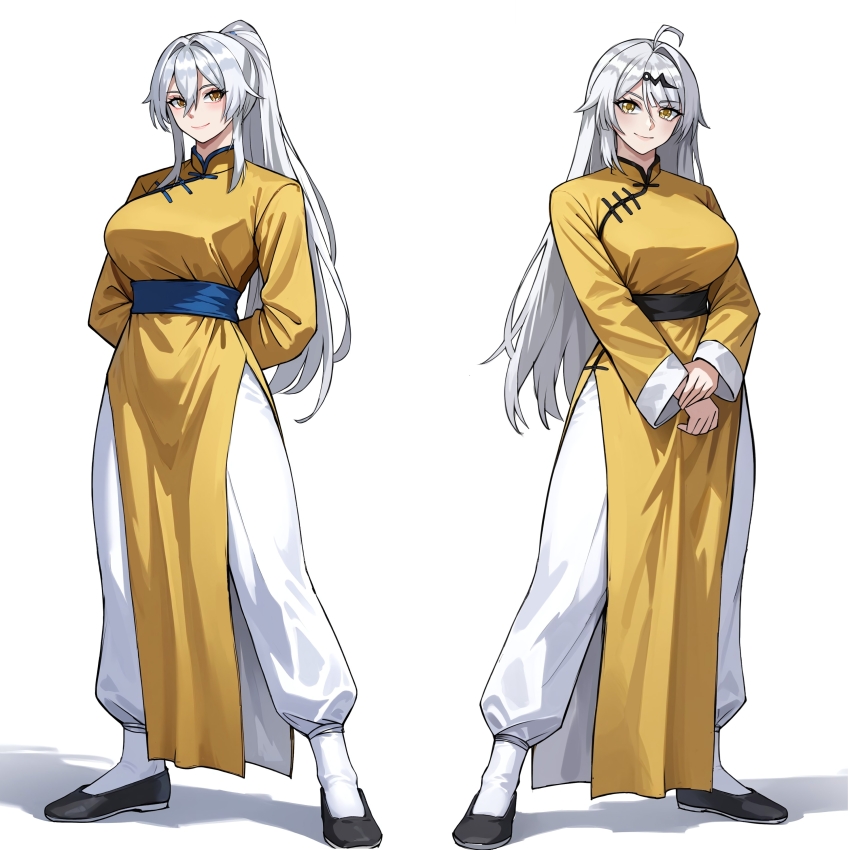 2girls absurdres arms_behind_back changpao china_dress chinese_clothes dress fighting_stance hair_ornament hairpin highres kokoro_no_koibito kung_fu long_hair martial_arts multiple_girls ponytail self-upload smile standing training white_hair yellow_dress yellow_eyes yixuan_(zenless_zone_zero) zenless_zone_zero