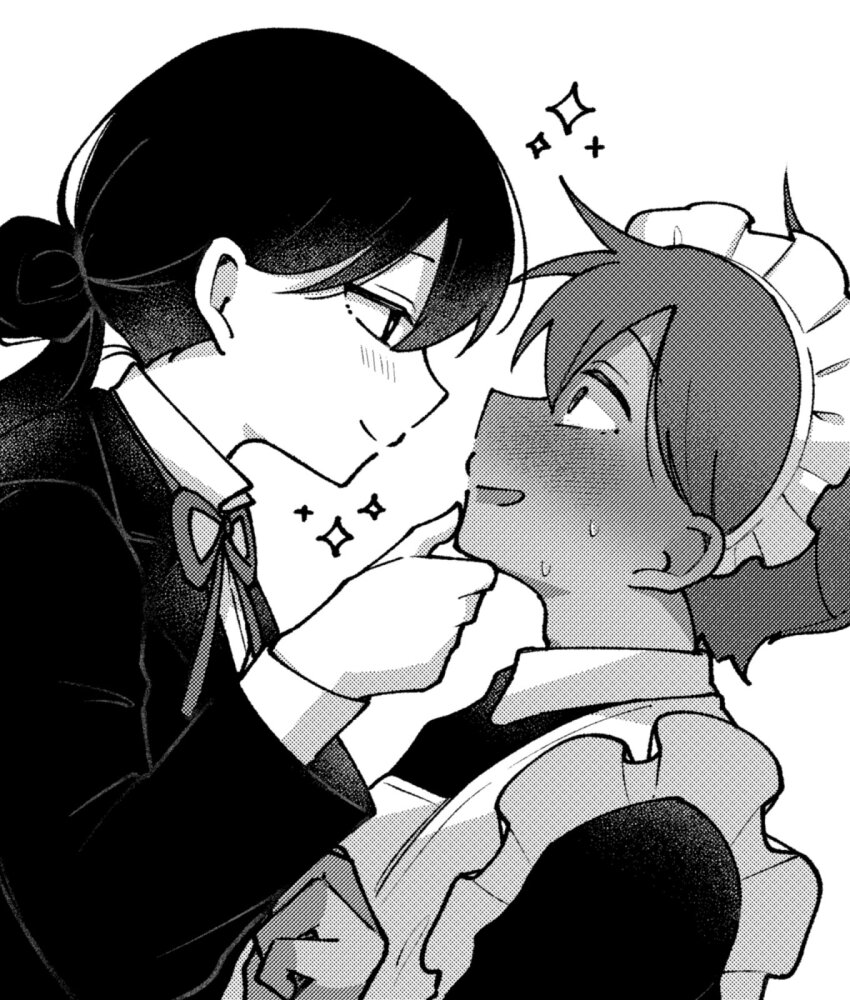1boy 1girl alternate_costume alternate_hairstyle blush butler closed_mouth dark-skinned_male dark_skin enmaided female_butler greyscale hero_(faraway)_(omori) hero_(omori) highres kiimorisame long_hair long_sleeves looking_at_another maid mari_(faraway)_(omori) mari_(omori) monochrome omori open_mouth ponytail short_hair smile sparkle sweat