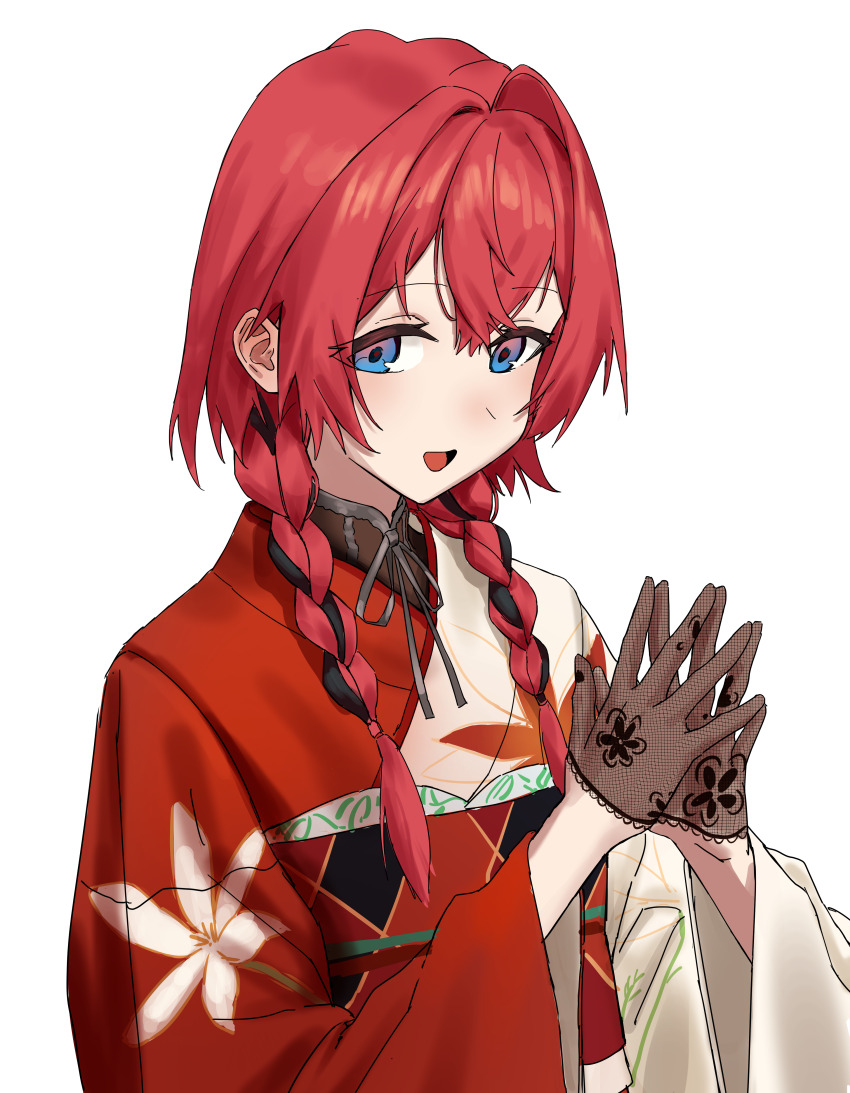1girl :d absurdres ange_katrina ange_katrina_(new_year) black_gloves black_hair black_sash blue_eyes braid commentary_request crossed_bangs flat_chest floral_print floral_print_gloves floral_print_kimono gloves hair_intakes hair_over_shoulder half_gloves hands_up highres japanese_clothes kimono lace lace_gloves leo_liao323 long_bangs long_sleeves looking_at_viewer low_twin_braids multicolored_hair multicolored_sash nijisanji obi obiage obijime open_mouth orange_sash print_kimono red_hair red_kimono red_sash sash simple_background smile solo steepled_fingers streaked_hair three_quarter_view twin_braids two-tone_hair upper_body virtual_youtuber white_background white_kimono