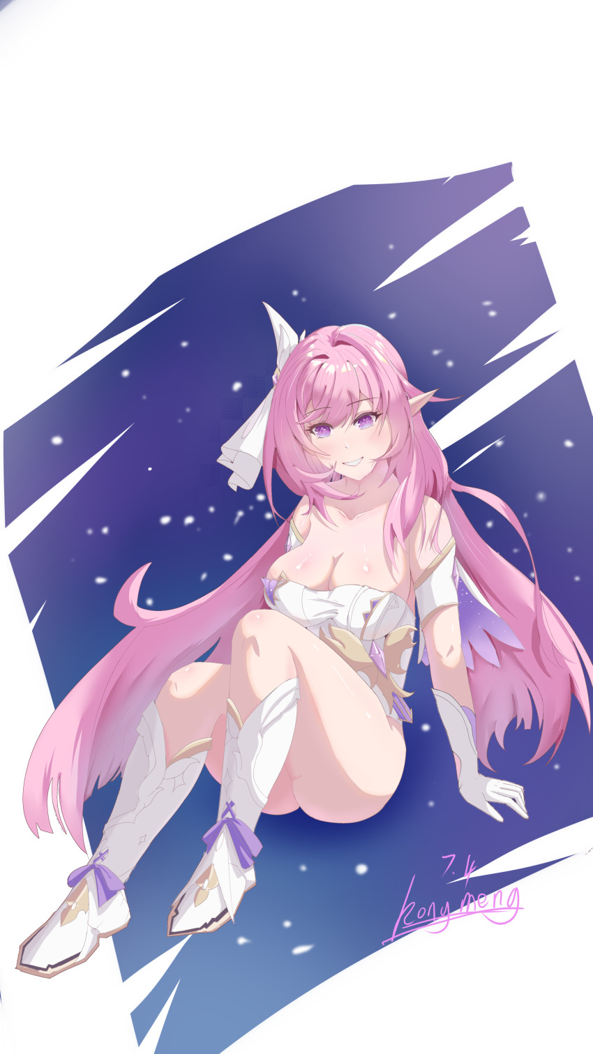 1girl absurdres artist_name boots breasts cleavage commentary_request corset diamond-shaped_pupils diamond_(shape) elf elysia_(herrscher_of_human:_ego)_(honkai_impact) elysia_(honkai_impact) gloves hair_ornament highres honkai_(series) honkai_impact_3rd knee_boots lan_ying_chuxue large_breasts long_hair pink_hair pointy_ears purple_eyes sitting smile solo symbol-shaped_pupils very_long_hair white_boots white_corset white_gloves