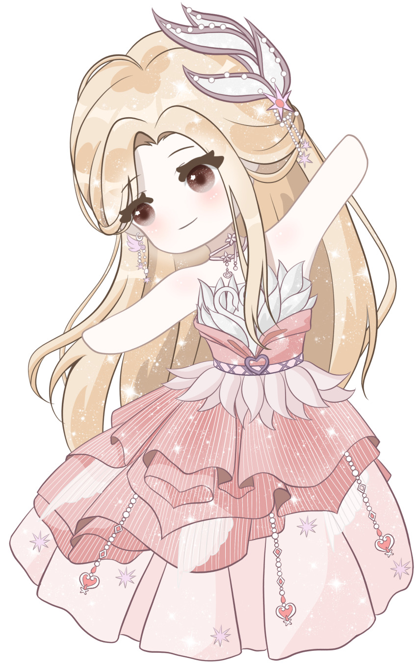 1girl absurdres bare_arms bare_shoulders blonde_hair brown_eyes chibi choker closed_mouth dress fairytale_swan_(infinity_nikki) feather-trimmed_dress feather_hair_ornament feathers flower gown hair_ornament head_tilt heart highres infinity_nikki jewelry light_blush light_particles long_hair neck_flower necklace nikki_(series) outstretched_arms pink_dress pleated_dress sidelocks simple_background smile solo strapless strapless_dress striped_clothes striped_dress swan_print vertical-striped_clothes vertical-striped_dress very_long_hair white_background white_choker white_flower zhizhizhizhizhizong