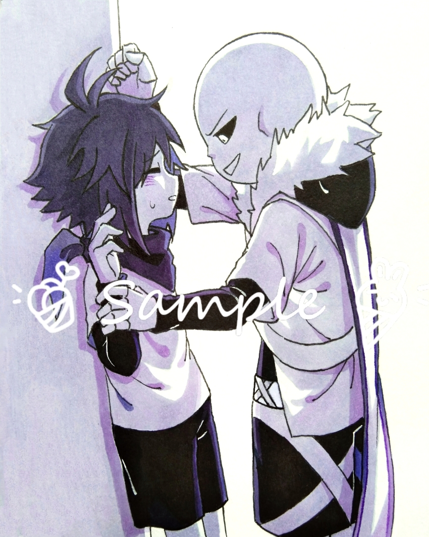 2boys absurdres against_wall antenna_hair black_hair black_hood black_sclera black_shirt black_shorts cape chinese_commentary closed_eyes colored_sclera colored_skin commentary_request cowboy_shot drop_shadow film_grain frisk_(undertale) from_side fur-trimmed_jacket fur_trim grin highres hood hood_down hooded_jacket interspecies jacket layered_sleeves long_sleeves male_focus multiple_boys nishinianshaodehuanxi137 parted_lips profile sample_watermark sans_(undertale) shirt short-sleeved_jacket short_hair short_over_long_sleeves short_sleeves shorts sideways_mouth simple_background skeleton smile standing undertale watermark white_background white_cape white_eyes white_jacket white_shirt white_skin xtale yaoi