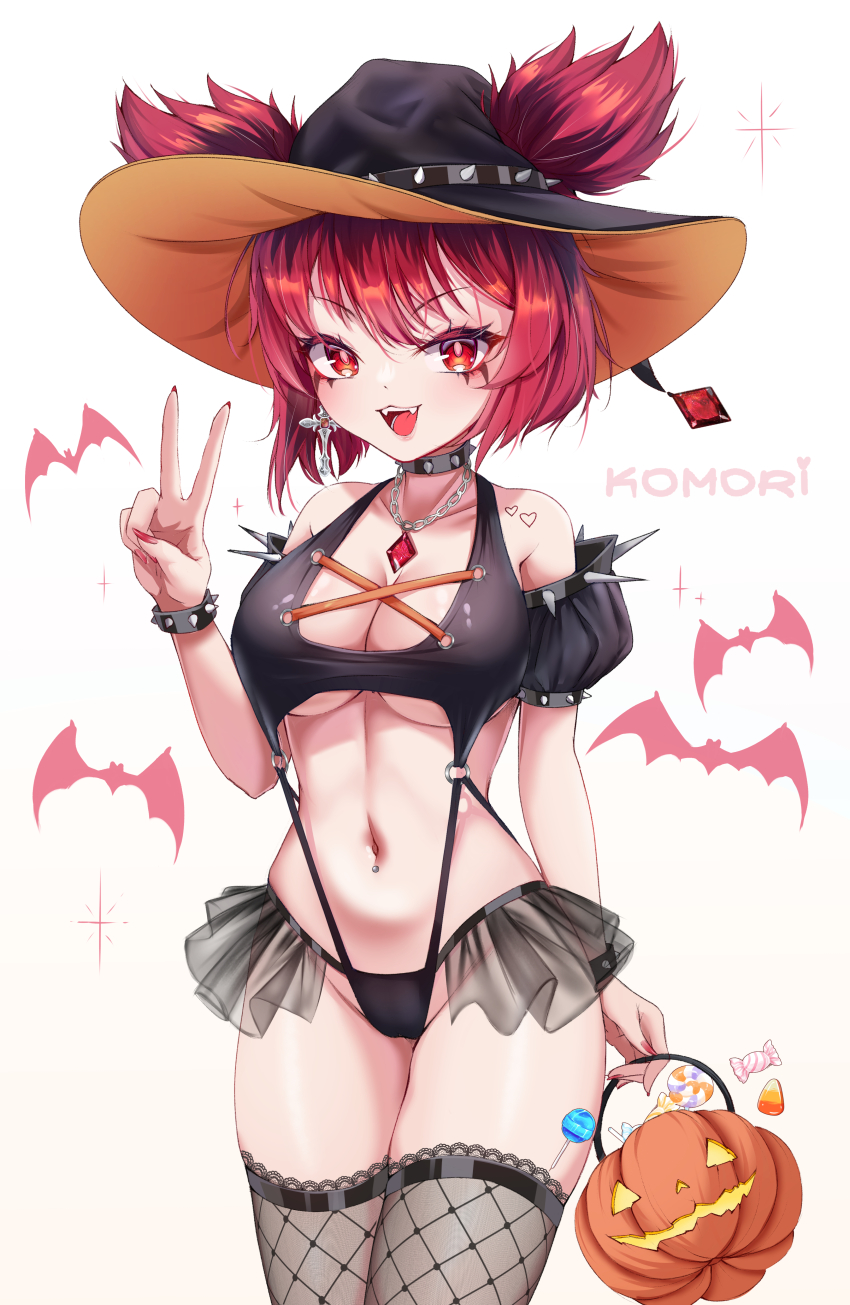 1girl :d absurdres bat_(animal) bikini black_bikini breasts candy cleavage collar collarbone commentary commission cowboy_shot english_commentary fishnet_thighhighs fishnets food frilled_skirt frills halloween hat heart heart_tattoo highres holding holding_pumpkin jewelry komori large_breasts linea_alba locker lollipop looking_at_viewer navel necklace open_mouth original pumpkin red_eyes red_hair red_nails see-through_clothes see-through_skirt shoulder_tattoo skirt smile solo spiked_collar spikes swimsuit tattoo thighhighs underboob v virtual_youtuber witch witch_hat ych_commission