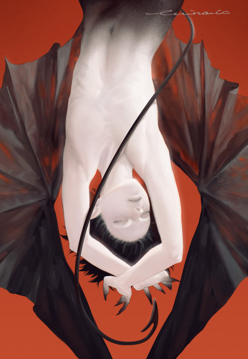 1other absurdres androgynous arms_up bat_wings black_claws black_hair black_tail black_wings clawed_hands claws closed_eyes closed_mouth collarbone completely_nude demon demon_tail demon_wings evina_ic highres navel nude original outstretched_arms pale_skin pointy_ears red_background short_hair solo solo_focus stomach tail upside-down wings