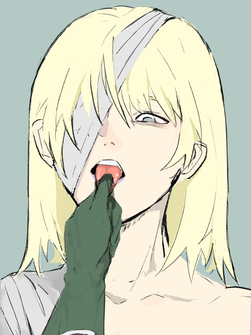 2boys androgynous bandaged_chest bandaged_head bandages blonde_hair collarbone commentary_request death_note flat_color gloves green_gloves highres holding_another&#039;s_tongue long_hair male_focus matt_(death_note) mello_(death_note) multiple_boys open_mouth out_of_frame papa3889 solo_focus teeth tongue tongue_out upper_teeth_only
