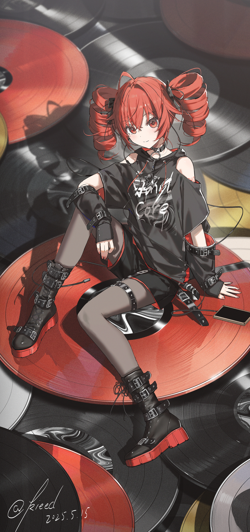 1girl absurdres ahoge bare_shoulders black_boots black_choker black_pantyhose black_shirt blush boots cellphone choker closed_mouth clothing_cutout drill_hair earphones elbow_cutout hair_between_eyes hair_ribbon highres jewelry kasane_teto kieed long_hair looking_at_viewer necklace pantyhose phone red_eyes red_hair red_ribbon revision ribbon shirt shoulder_cutout sidelocks sitting smartphone smile solo star_(symbol) star_necklace twin_drills utau