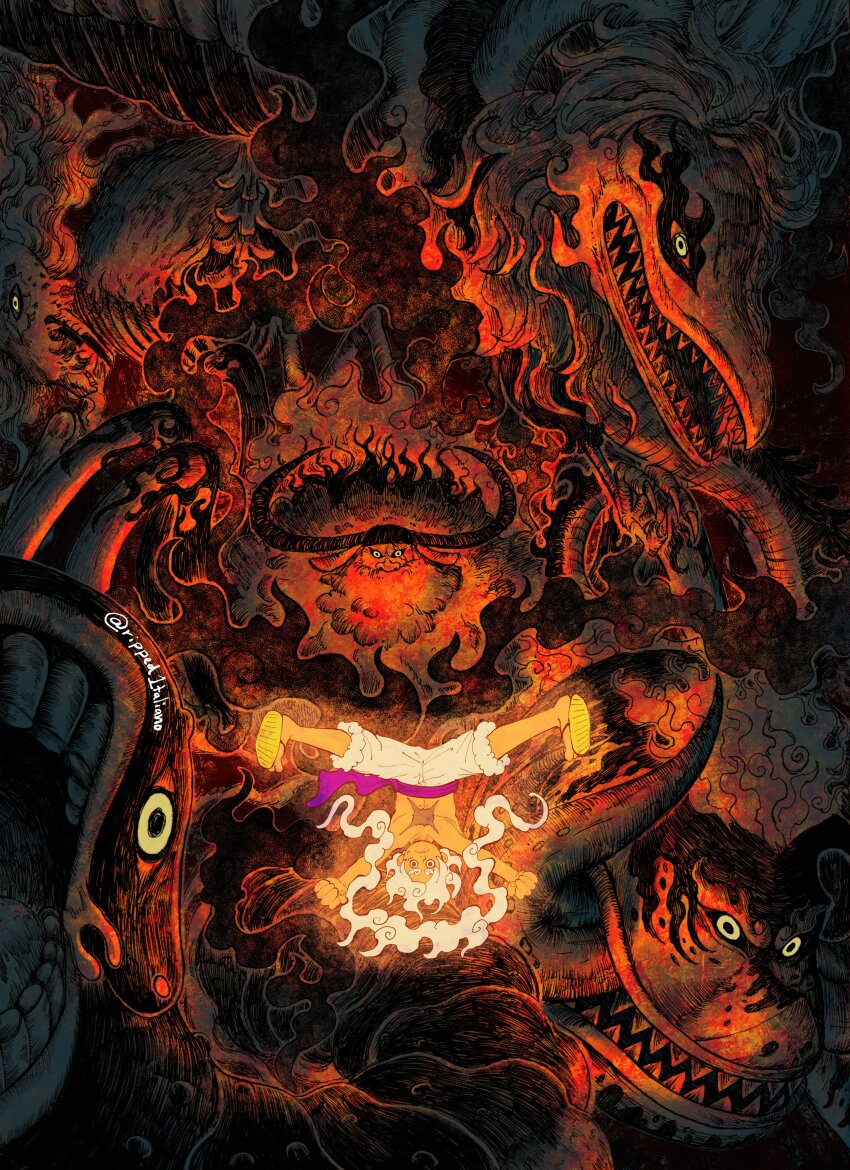 6+boys absurdres alternate_form bakotsu_(youkai) beard bird boar claws clenched_hands colored_sclera ethan-baron_v._nusjuro facial_hair gear_fifth hagoromo highres horns horse itsumade_(youkai) jaygarcia_saturn male_focus marcus_mars monkey_d._luffy monster_boy multiple_boys one_piece purple_sash ripped1taliano sandals sash scar scar_across_eye scar_on_chest scar_on_face sharp_teeth shawl shepherd_ju_peter short_hair shorts skeleton spider_boy teeth thick_beard topless_male topman_warcury tusks twitter_username upside-down ushi-oni_(youkai) white_hair white_shorts worm yellow_sclera