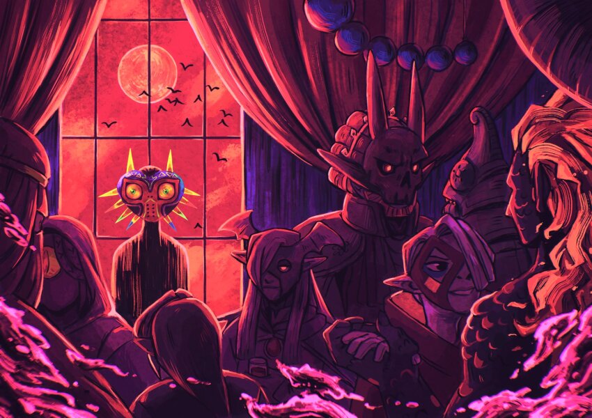 astor_(hyrule_warriors) bird curtains demise_(zelda) ganondorf ghirahim glowing glowing_eyes highres hood hyrule_warriors:_age_of_calamity link majora_(entity) mask masquerade moon night nintendo red_moon red_sky redundantz sky the_legend_of_zelda the_legend_of_zelda:_breath_of_the_wild the_legend_of_zelda:_majora&#039;s_mask the_legend_of_zelda:_skyward_sword the_legend_of_zelda:_the_minish_cap the_legend_of_zelda:_twilight_princess vaati window zant