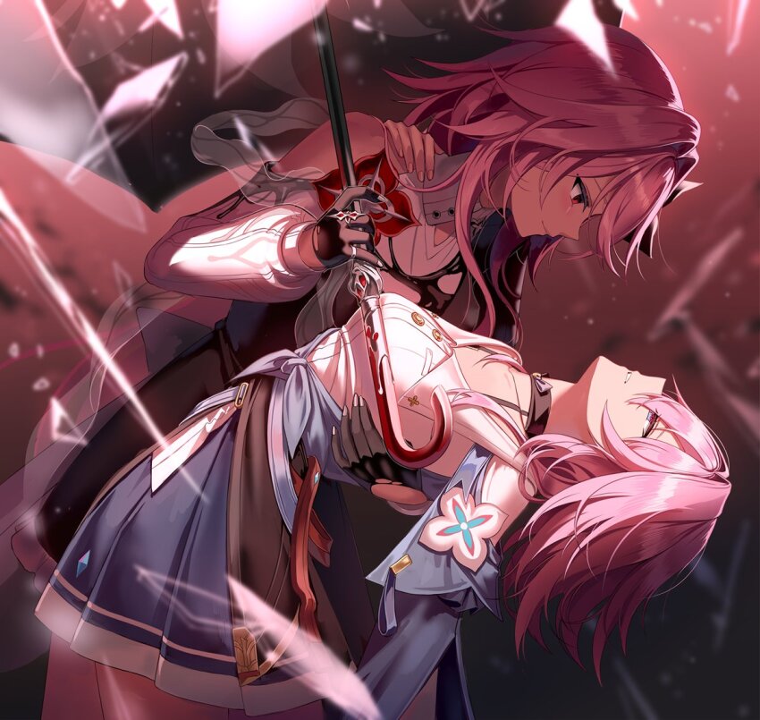 2girls asymmetrical_dress black_choker black_dress black_gloves black_umbrella blue_skirt breasts choker closed_mouth clothes_around_waist commentary dress dual_persona evernight_(honkai:_star_rail) eye_contact from_side glass_shards gloves hair_intakes hashtag-only_commentary holding holding_umbrella honkai:_star_rail honkai_(series) long_hair looking_at_another march_7th_(honkai:_star_rail) march_7th_(preservation)_(honkai:_star_rail) medium_breasts medium_hair multiple_girls parted_lips pink_hair red_eyes shirt silence_girl single_bare_shoulder skirt umbrella white_shirt