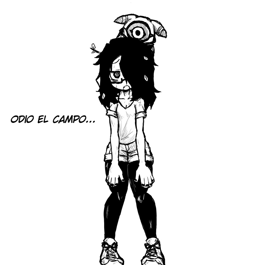 absurdres algomon algomon_baby_ii black_hair digimon digimon_(creature) glasses highres monochrome original shorts