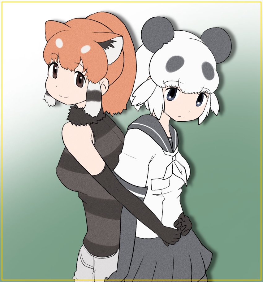 animal_ears cats_yone giant_panda_(kemono_friends) gloves highres kemono_friends kemono_friends_3 lesser_panda_(kemono_friends) necktie panda_(kemono_friends) shirt skirt tail