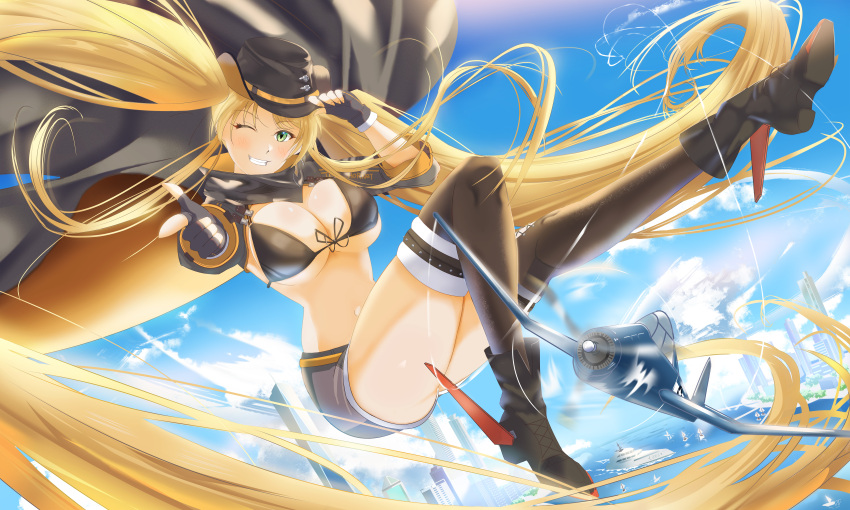 1girl absurdly_long_hair absurdres aircraft airplane ankle_boots azur_lane belt bikini black_bikini black_coat black_gloves blonde_hair blue_sky boots breasts brown_boots brown_thighhighs building cleavage coat commentary cowboy_hat day f4u_corsair finger_gun fingerless_gloves flying gloves green_eyes hat highres hornet_(azur_lane) hornet_ii_(azur_lane) incredibly_absurdres large_breasts long_hair looking_at_viewer military_vehicle one_eye_closed outdoors propeller_fighter sky skyscraper smile solo swimsuit thighhighs very_long_hair water wesaki_leona yacht yellow_belt