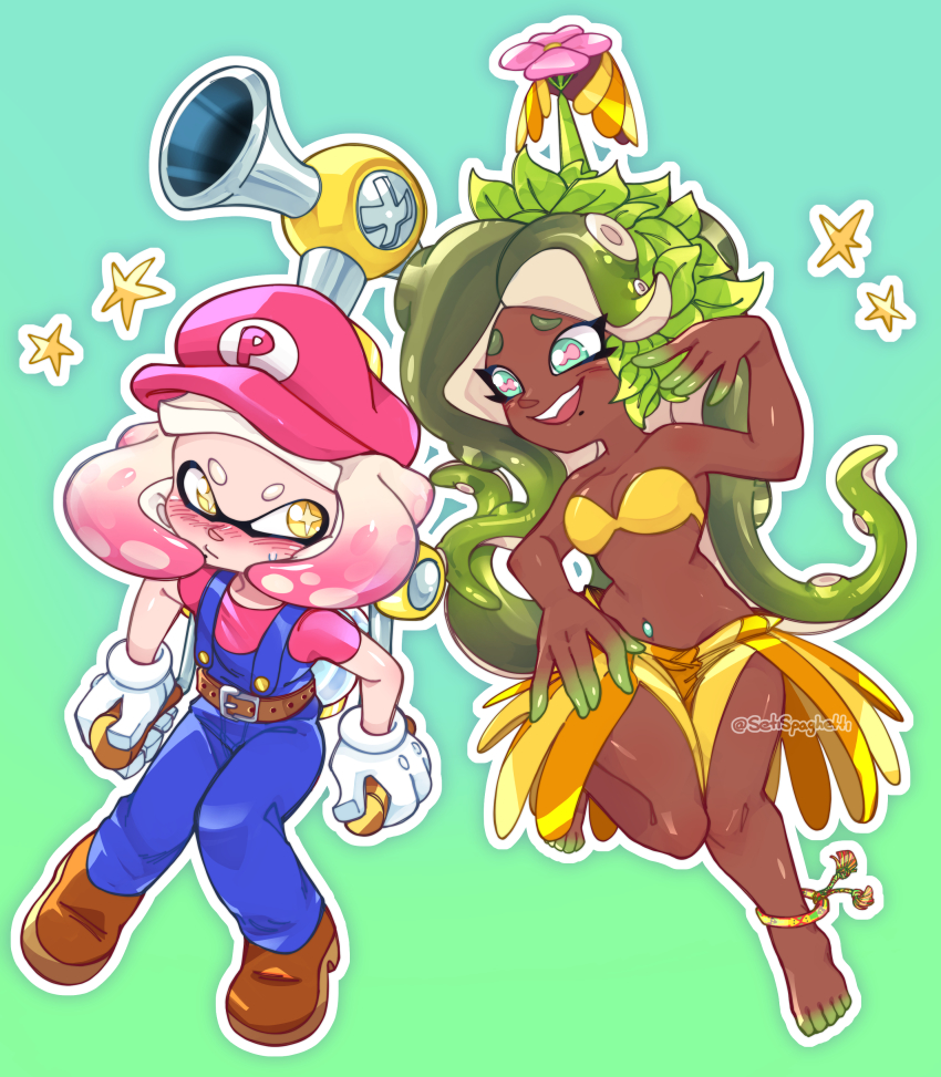 2girls absurdres anklet barefoot bikini bikini_top_only blush company_connection cosplay dark-skinned_female dark_skin f.l.u.d.d. green_hair hat highres inkling jewelry looking_at_another marina_(splatoon) mario mario_(cosplay) mario_(series) multiple_girls navel_piercing nintendo octoling overalls pearl_(splatoon) pianta pianta_(cosplay) piercing pink_hair setispaghetti shadow_mario skirt smile splatoon_(series) splatoon_2 super_mario_sunshine swimsuit tentacle_hair