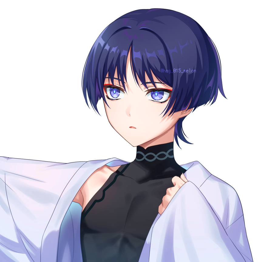 1boy absurdres black_bodysuit blunt_ends bodysuit bright_pupils covered_collarbone covered_pectorals dressing eyeliner eyeshadow genshin_impact hag_(hag_015) highres japanese_clothes kimono long_sleeves looking_past_viewer makeup male_focus mandarin_collar parted_lips pectorals purple_eyes purple_hair red_eyeliner red_eyeshadow sanpaku scaramouche_(genshin_impact) shoulder_peek solo three_quarter_view toned toned_male turtleneck turtleneck_bodysuit upper_body wanderer_(genshin_impact) white_background white_kimono white_pupils white_sleeves