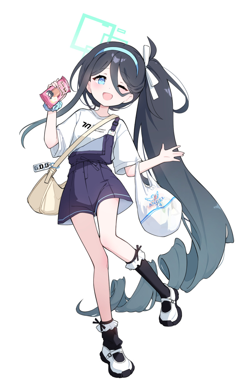 1girl absurdres alternate_costume aris_(blue_archive) bag black_hair black_shorts black_socks blue_archive blue_eyes blue_hairband commentary food food_request full_body hair_between_eyes hairband highres holding holding_food kurana_(atlas) long_hair one_eye_closed one_side_up open_mouth shirt shoes shorts shoulder_bag sidelocks smile socks solo white_background white_shirt white_shoes