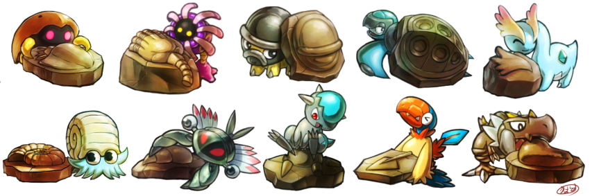 &gt;_&lt; amaura anorith archen black_eyes closed_eyes closed_mouth commentary cranidos fangs fossil gen_1_pokemon gen_3_pokemon gen_4_pokemon gen_5_pokemon gen_6_pokemon glowing glowing_eyes kabuto_(pokemon) kaosu_(kaosu0905) lileep looking_back looking_down looking_to_the_side nintendo no_humans omanyte open_mouth pink_eyes pokemon pokemon_(creature) red_eyes shieldon signature sitting smile tirtouga tongue tyrunt watermark white_background