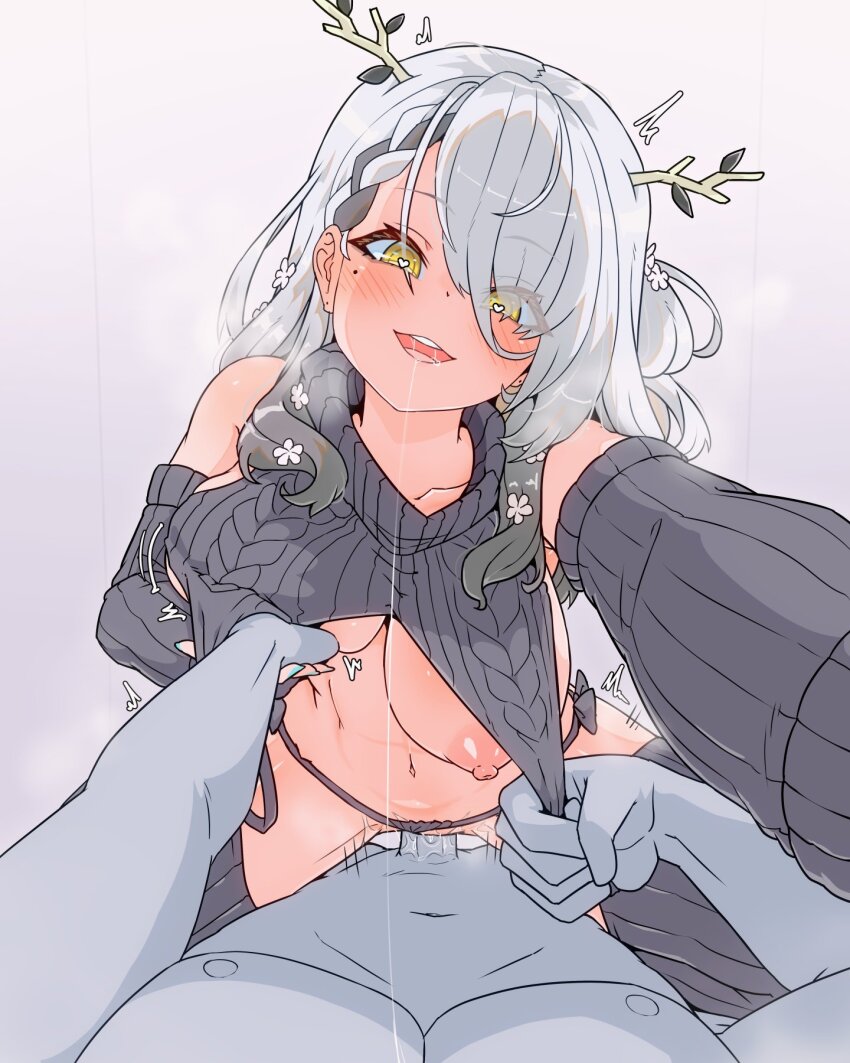 1boy 1girl alternate_costume alternate_hair_color breasts ceres_fauna commentary detached_sleeves english_commentary grabbing_another&#039;s_breast grey_hair grey_panties grey_sleeves grey_sweater_vest grey_thighhighs groping guided_breast_grab guiding_hand hair_over_one_eye heart heart-shaped_pupils hetero highres hololive hololive_english large_breasts looking_at_viewer meme_attire mole mole_under_eye moral_cacoethes nipples open_mouth panties penis pov reaching reaching_towards_viewer sex smile sweater_vest symbol-shaped_pupils thighhighs tree_horns uncensored underwear virgin_destroyer_sweater virtual_youtuber yellow_eyes