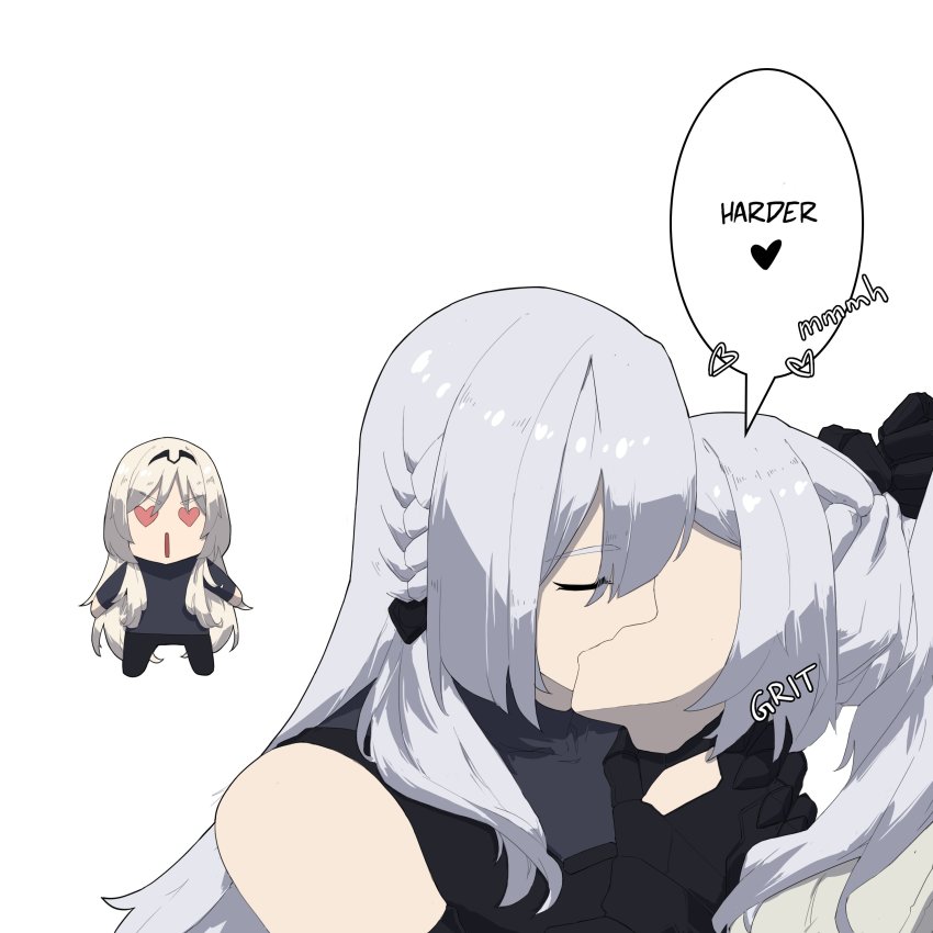 3girls absurdres ak-12_(girls&#039;_frontline) ak-15_(girls&#039;_frontline) an-94_(girls&#039;_frontline) chibi closed_eyes defy_(girls&#039;_frontline) english_text girls&#039;_frontline heart heart-shaped_eyes highres kiss multiple_girls ponytail speech_bubble variasii white_background white_hair yuri