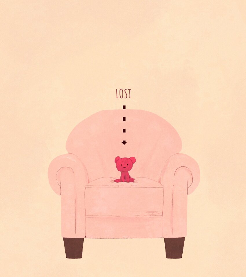 arrow_(symbol) chair dotted_line english_text highres no_humans original signature simple_background stuffed_animal stuffed_toy syooooyoooo teddy_bear