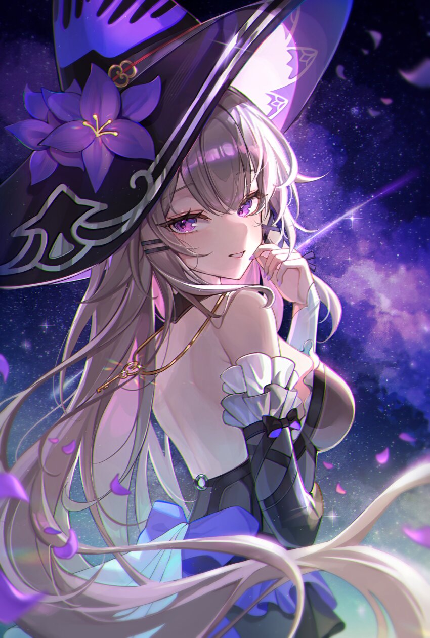 1girl absurdres aurora backless_dress backless_outfit bare_shoulders black_dress breasts brown_hair commentary dress flower frills hat hat_flower herta_(honkai:_star_rail) highres honkai:_star_rail honkai_(series) jewelry key key_necklace long_hair looking_at_viewer medium_breasts necklace open_mouth petals pink_petals purple_eyes shooting_star sideboob sky smile solo star_(sky) starry_sky_background starry_sky_print the_herta_(honkai:_star_rail) very_long_hair witch witch_hat yulha_06