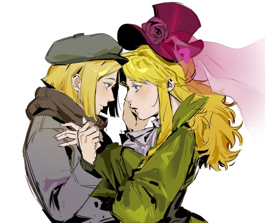 1boy 1girl ascot beret black_corset black_scarf blonde_hair blue_eyes blunt_ends blush closed_mouth corset dress estella_havisham fingernails floating_clothes floating_veil flower green_dress grey_hat hand_on_another&#039;s_face hands_up hat hat_flower hat_ornament hetero highres holding_another&#039;s_wrist kugai697139 lips long_hair long_sleeves looking_at_another phillip_pirrup pink_hat pink_veil puffy_long_sleeves puffy_sleeves purple_flower purple_rose rose scarf see-through_clothes see-through_veil short_hair simple_background single_sidelock smile south_park top_hat upper_body veil visor_cap wavy_hair white_ascot white_background