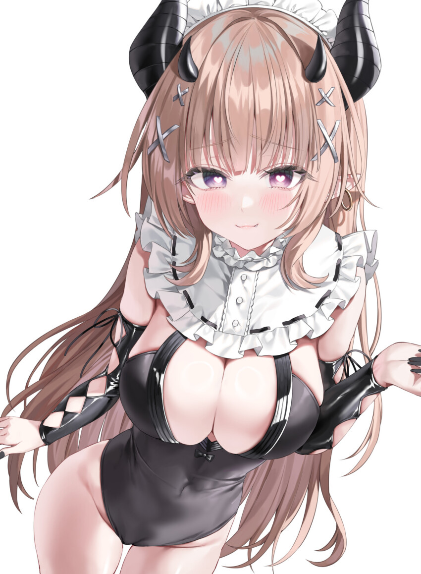 1girl black_horns black_leotard black_nails blush breasts brown_hair closed_mouth commentary_request demon_girl demon_horns earrings hair_ornament heart heart-shaped_pupils highres horns jewelry large_breasts leotard long_hair looking_at_viewer original pointy_ears purple_eyes simple_background smile solo symbol-shaped_pupils white_background yana_mori