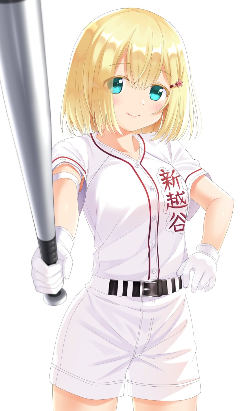 1girl :q absurdres aqua_eyes arm_strap baseball_bat baseball_uniform belt black_belt blonde_hair blurry blush closed_mouth colored_eyelashes commentary commission cowboy_shot depth_of_field eyes_visible_through_hair gloves hair_between_eyes hair_ornament hairclip hand_on_own_hip highres holding holding_baseball_bat lips looking_at_viewer medium_hair nakamura_nozomi_(tamayomi) otou_(otou_san) shirt short_sleeves shorts simple_background smile solo sportswear straight_hair tamayomi tareme tongue tongue_out white_background white_gloves white_shirt white_shorts