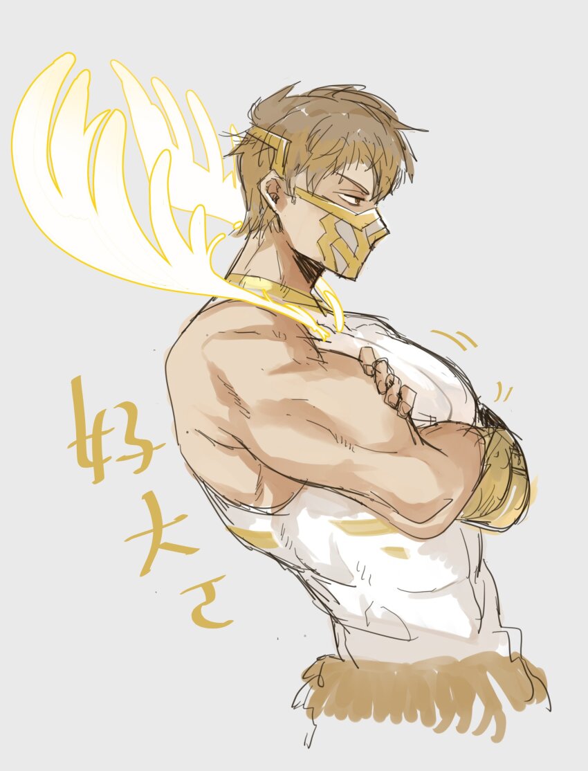 1boy absurdres antlers aper bara biceps brown_eyes brown_hair deer_boy eikthyrnir_(fire_emblem) fire_emblem fire_emblem_heroes glowing glowing_antlers gold_trim highres horns large_pectorals looking_to_the_side male_focus mask mouth_mask muscular muscular_male nintendo pectorals short_hair solo upper_body