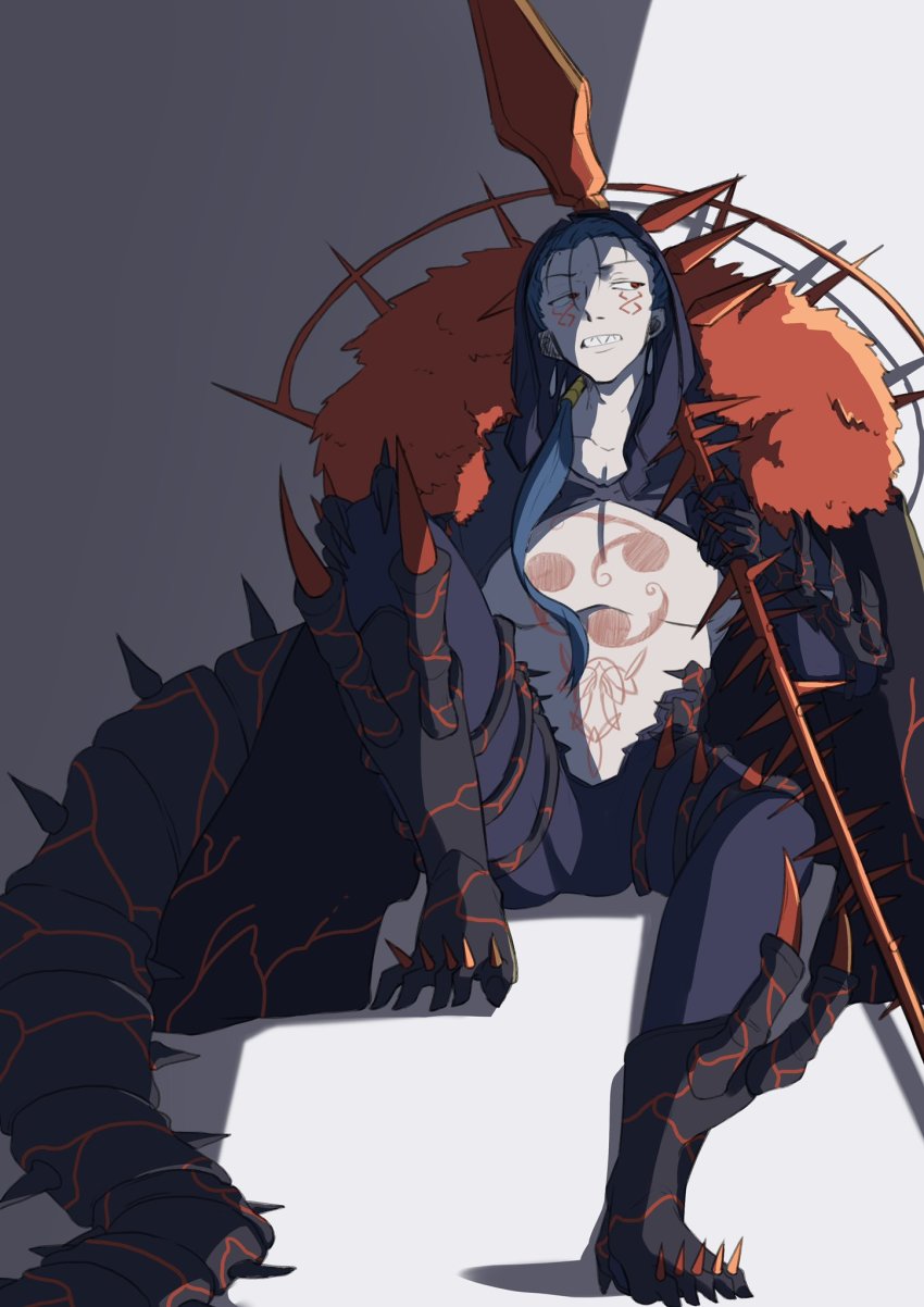 1boy black_gloves black_pants blue_hair bodypaint cape closed_mouth cu_chulainn_(fate) cu_chulainn_alter_(fate) cu_chulainn_alter_(third_ascension)_(fate) dark_blue_hair dark_persona detached_hood earrings facepaint fate_(series) fur-trimmed_cape fur_trim gae_bolg_(fate) gloves highres holding holding_polearm holding_weapon hood hood_down hood_up jewelry ka_ni2_08 knee_up long_hair looking_to_the_side male_focus monster_boy muscular muscular_male pants pectorals polearm ponytail red_eyes sharp_teeth simple_background sitting skin_tight solo spikes tail teeth topless_male weapon