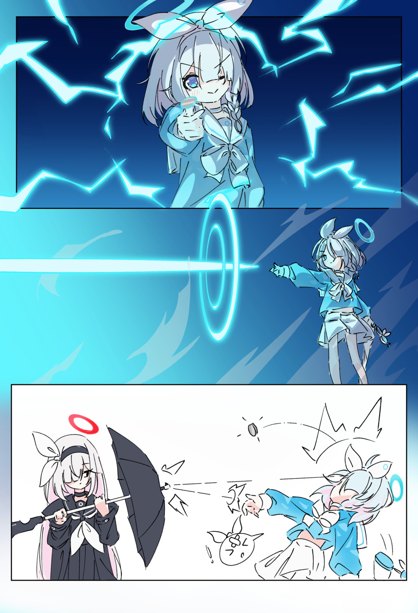 &gt;_&lt; 2girls 3koma absurdres arona_(blue_archive) blue_archive blue_hair coin comic highres multiple_girls one_eye_closed plana_(blue_archive) railgun_(misaka_mikoto) rizuaki school_uniform toaru_kagaku_no_railgun toaru_kagaku_no_railgun_t toaru_majutsu_no_index umbrella